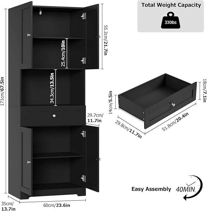 HIFIT Tall Bathroom Storage Cabinets, Modern Linen Storage Cabinet with 4 Doors & Shelves & Drawer, 67" H Tall Storage Cabinet Freestanding for Bathroom, Living Room, Kitchen & Dining, Pantry, Black | Modern, 4 Doors, Shelves, Drawer, Tall Storage Cabi...