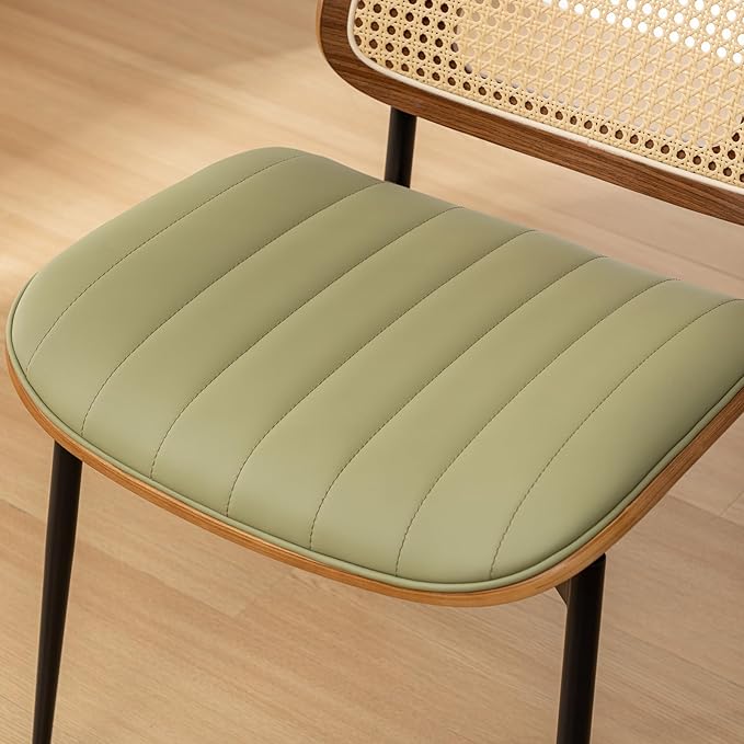 Rattan Dining Room Chairs Set of 2,Mid Century Modern Green PU Leather Kitchen Chair,Upholstered Seat Metal Legs Chair with Adjustable Foot Pads,Walnut Armless Side Chairs