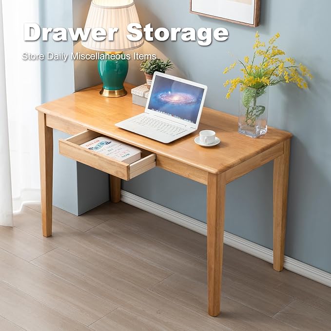 Solid Wood Desk with Drawer, Wooden Home Office Desk for Work, Student Computer Desk for Small Spaces, Gaming Study PC Desk for Bedroom, Easy to Assemble (Teak Color 47 inch)