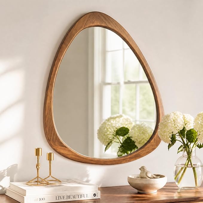 24" x 19" Asymmetrical Wall Mirror with Brown Wood Frame, Irregular Wall Mirror for Bedroom Entryway Living Room, HD Tempered Glass, Horizontal or Vertical Hanging