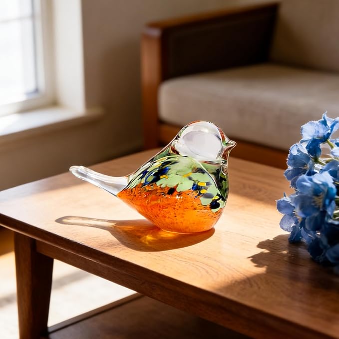 Blown Glass Birds - Glass Art Bird Decor, Hand Blown Glass Animal Figurines Paperweight for Home Shelf Decor