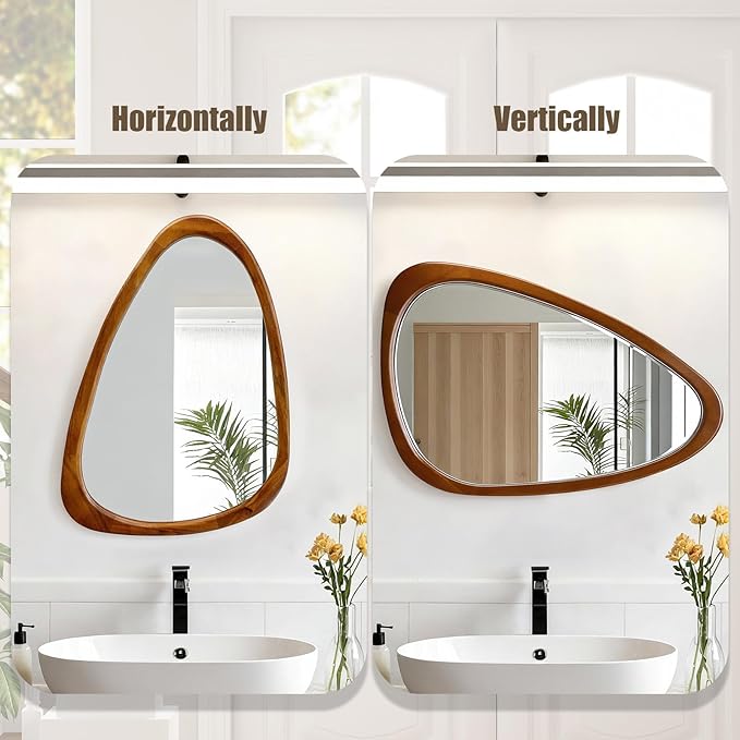 Asymmetrical Mirror, 30"x20" Unique Irregular Wall Mirror, Wood Mid Century Modern Mirror Decor for Bathroom Bedroom Living Room Entryway Hallway (Natural Wood)