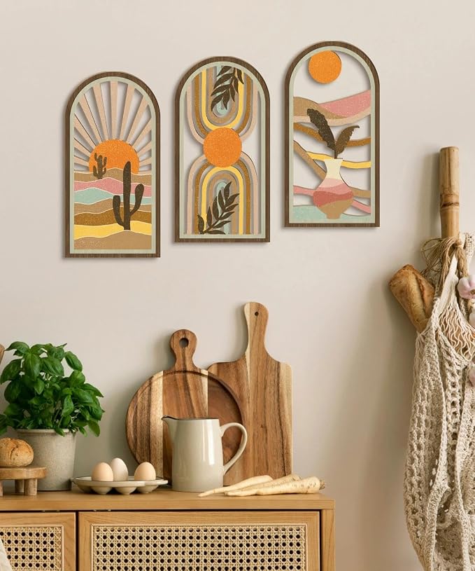 Putuo Decor Boho Wall Art Set of 3, Modern Minimalist Wooden Wall Decor, Desert Cactus Sun Abstract Aesthetic Room Decorations, Mid-Century Artwork for Living Room, Bedroom, Office (White, 16×8 in