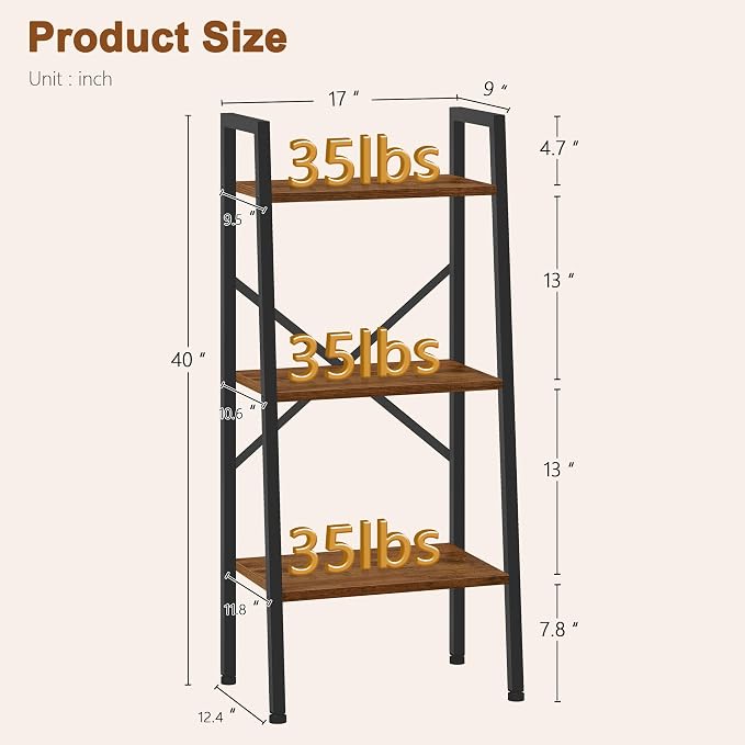 Hoctieon 3-Tier Industrial Ladder Bookshelf, Narrow Ladder Shelf, Tall Standing Bookshelf, Skinny Open Ladder Shelf, for Living Room, Home Office, Kitchen, Bedroom, Metal Frame, Rustic Brown