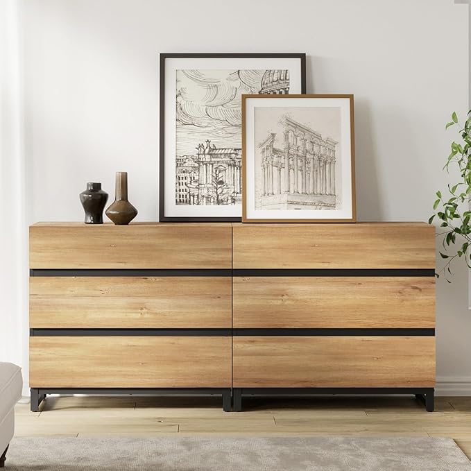 WAMPAT Dresser for Bedroom, Closet Organizers and Storage with 6 Drawers, Chest of Drawers with Metal Base, Modern Wood Dresser for Living Room, Bedroom,Oak