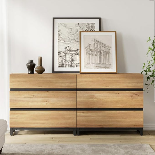 WAMPAT Dresser for Bedroom, Closet Organizers and Storage with 6 Drawers, Chest of Drawers with Metal Base, Modern Wood Dresser for Living Room, Bedroom,Oak
