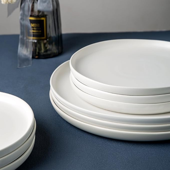 AmorArc Ceramic Dinnerware Sets, Wavy Rim Stoneware Plates and Bowls Sets,Dishwasher & Microwave & Oven Safe Dishes set, Service for 4 (12pc)-Matte White