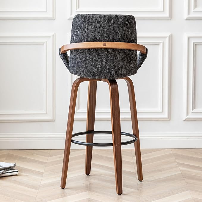 LUNLING 25.6" Counter Height Barstools Mid Century Modern Retro Bar Chairs Charcoal Gray Linen Look Fabric Upholstered and Walnut Wood Frame for Home Bar Furniture(Darkgrey,1PCS)