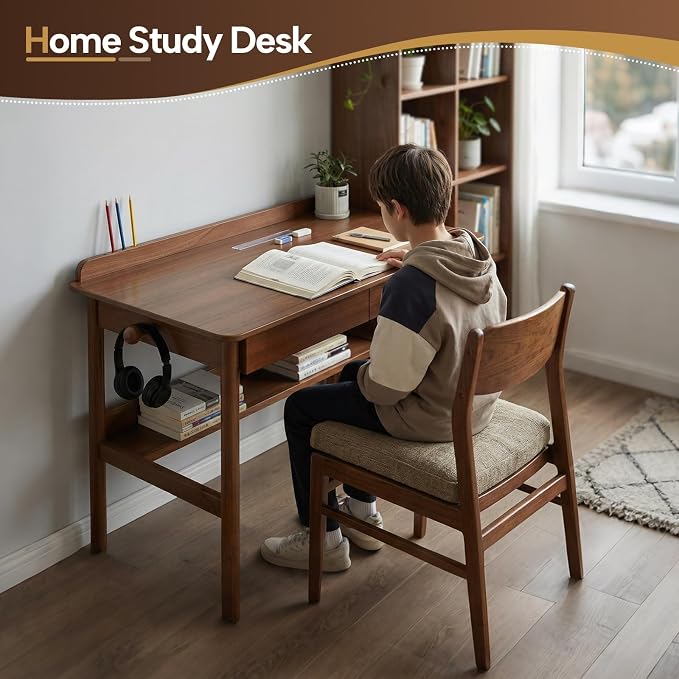 Solid Wood Study Desk & Home Office Writing Table with Drawers, 31" Vintage Mid Century Modern Computer Desk, Home Office Workstation for Bedroom, Small Spaces, Apartment(Walnut,31.5 Inch Wide)