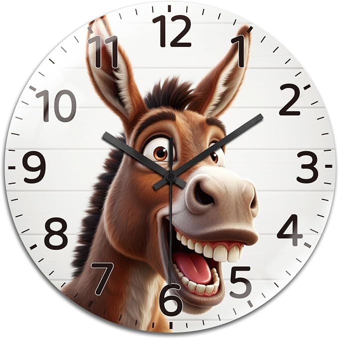 peacoblue Wall Clocks Battery Operated 12 Inch Funny Donkey Glass Round Wall Clock Non Ticking for Kitchen Living Room Dining Room Bedroom and Bathroom Decor Accessories (Battery not Included)