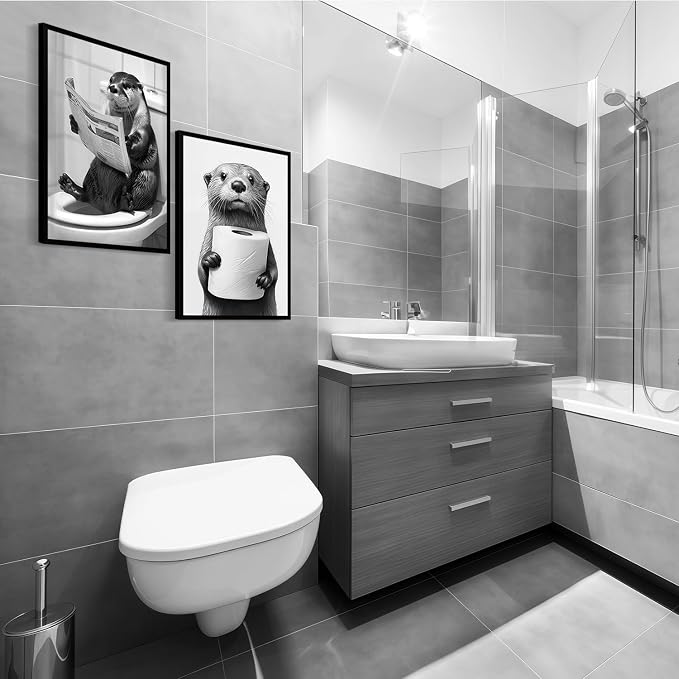 Framed Funny Bathroom Wall Art Otter Canvas Prints Black and White Animal Posters Cute Toilet Humor Pictures Gallery Style Wall Decor Home Guest Bath 16x24 inch Ready to Hang