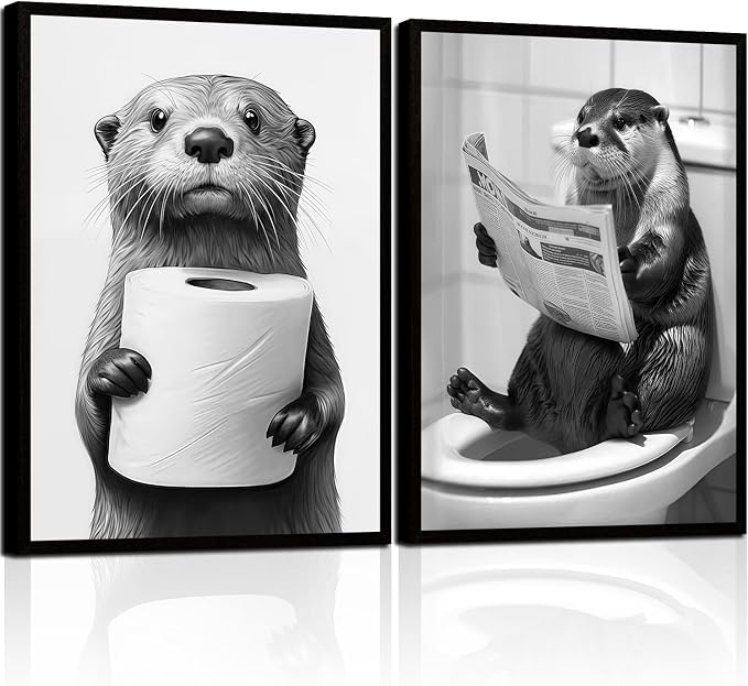 Framed Funny Bathroom Wall Art Otter Canvas Prints Black and White Animal Posters Cute Toilet Humor Pictures Gallery Style Wall Decor Home Guest Bath 12x16 inch Ready to Hang
