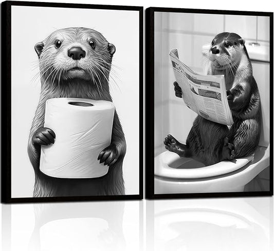 Framed Funny Bathroom Wall Art Otter Canvas Prints Black and White Animal Posters Cute Toilet Humor Pictures Gallery Style Wall Decor Home Guest Bath 12x16 inch Ready to Hang