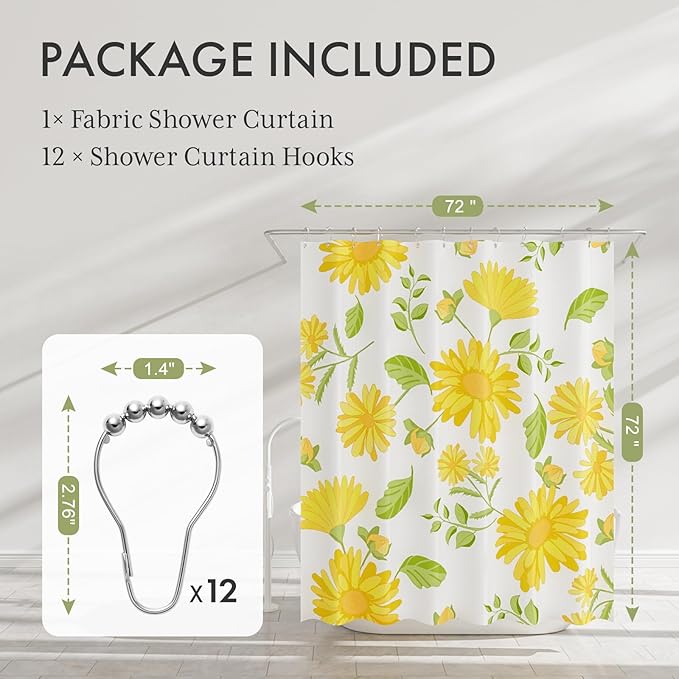 AmazerBath Floral Shower Curtain, Washable Cloth Shower Curtain Sets with 12 Shower Curtain Hooks, Fabric Rustic Yellow Gerbera Flower Eucalyptus Fall Shower Curtains for Bathroom Decor, 72x72 Inches