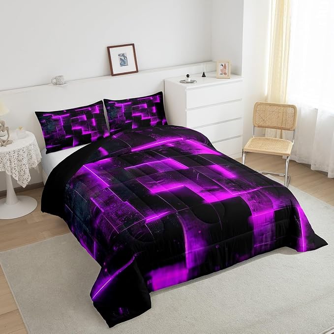 3D Geometric Bedding Set King Abstract Aesthetic King Comforter, Black and Purple Duvet Insert Glowing Futuristic Cubes Quilt Comforter, Neon Grid Bedding Comforters & Sets 3-Piece (Black Reversible)