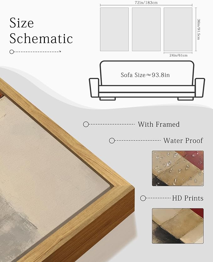 KUVIOKE Framed Abstract Wall Art Minimalist Beige Gray Red Pastel Watercolor Wall Decor Modern Neutral Art Print Home Decor 24x36in (Natural Framed)