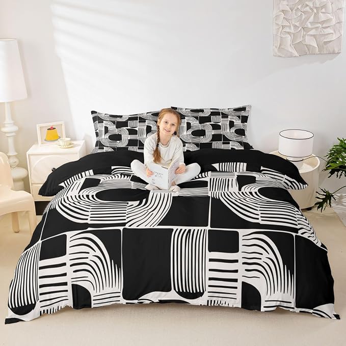 Erosebridal Black White Boys Duvet Cover Toddler Size Bohemian Geometric Bedding Set 2 Piece Mid Century Abstract Comforter Cover Boho Stripes Minimalist Bed Sets for Kids Teens Adult Men Bedroom