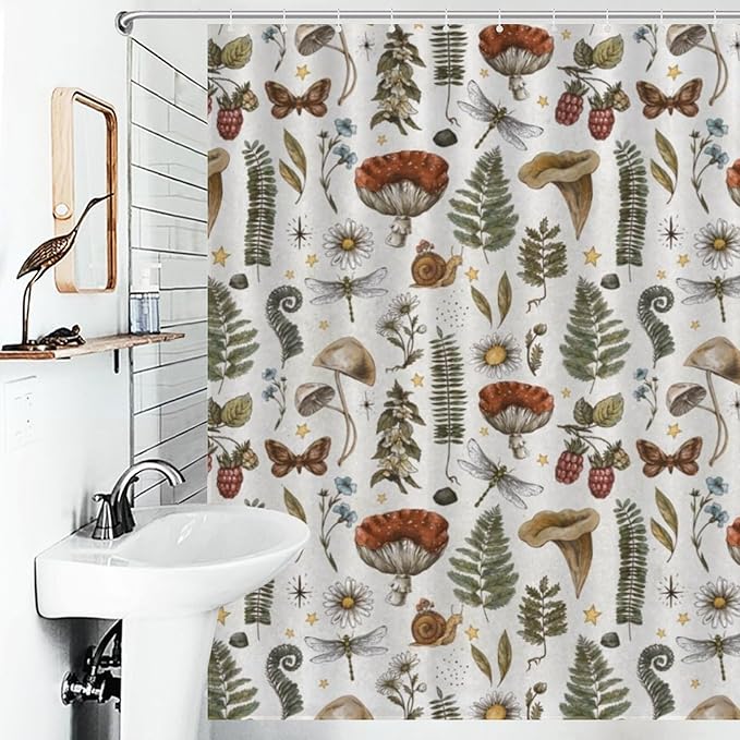 Mushroom Shower Curtain for Bathroom, Farmhouse Country Wild Floral Daisy Botanical Mushroom Cottagecore Nature Plants Herbs Retro Waterproof Fabric Shower Curtain Set with Hooks, 72"x72" Inch