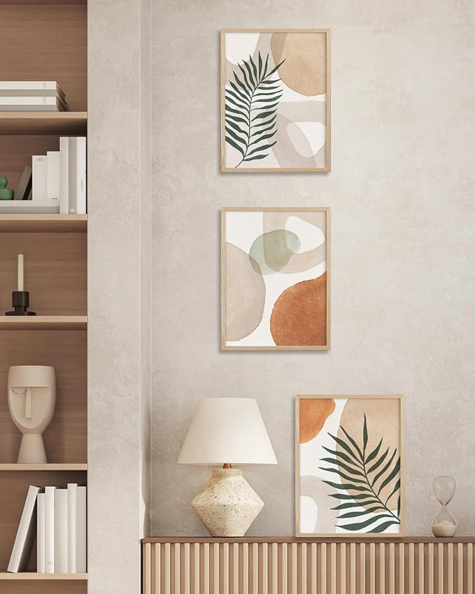 HesenDot Unframed Neutral Boho Wall Art Set of 3, 12x16in Botanical Leaves Abstract Geometric Canvas Posters, Minimalist Modern Aesthetic Wall Decor for Bedroom Living Room Home, Unframed
