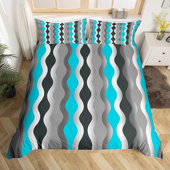 Turquoise Duvet Cover Geometric Retro Bedding Set Teal Blue Grey Black Stripe Comforter Cover for Boys Girls Kids Teens Bedroom Decor Mid Century Modern Decor Bed Set Queen Size 3Pcs (No Comforter)