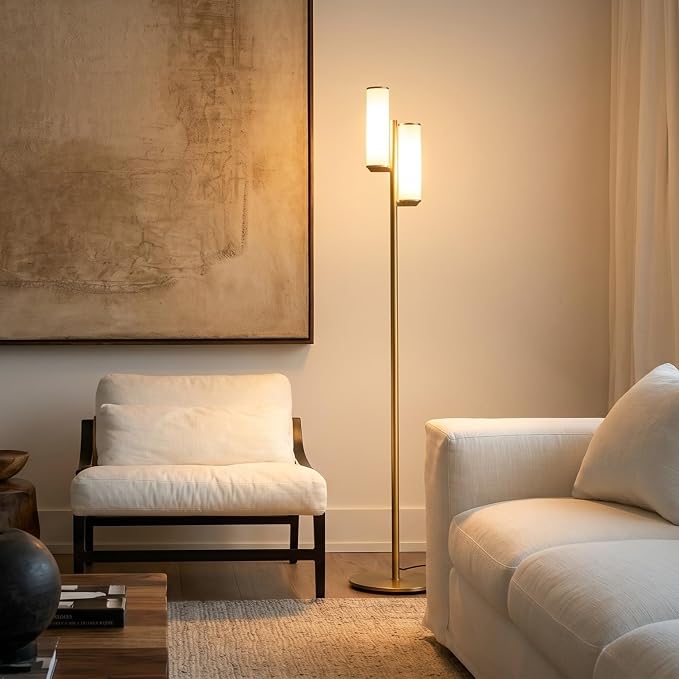 Brightech Gemini Dimmable Floor Lamp with Two Lights - Modern Tall Tree Lamp for Bedroom, Office, Living Room - Gold/Brass