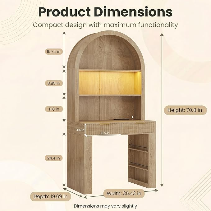 Arched Writing Desk with Hutch, Home Office Desk with 2 Fluted Drawers, Secretary Desk with Outlets, LED Lights, Bookshelves, Wood Computer Desk for Small Space, Bedroom 35.4"W x 70.8"H (Oak)