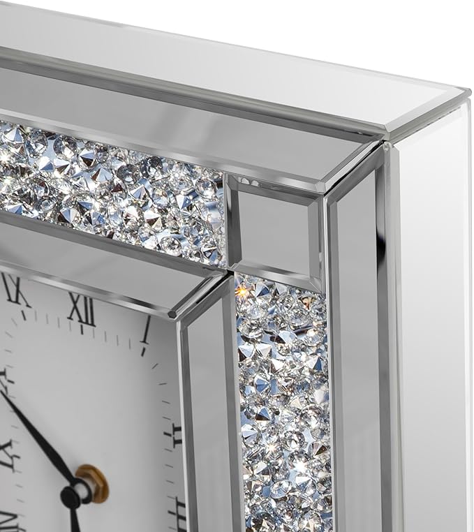 SHYFOY Mirrored Desk Clock, Decorative Table Clocks with Crushed Diamond 13.2x11.8 Luxury Rectangular Crystal Clock with Glass Beveled, Non-Ticking Silver Clocks for Living Room Office Tabletop