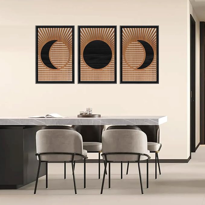 CHDITB Wooden Moon Phase Celestial Framed Wall Decor(Set of 3, 16"x24"), Boho Geometric Moon Appearance Line Art Hollow Laser Cut Decor, Nordic Gothic Minimalist Artwork Wall Sculpture for Living Room Bedroom