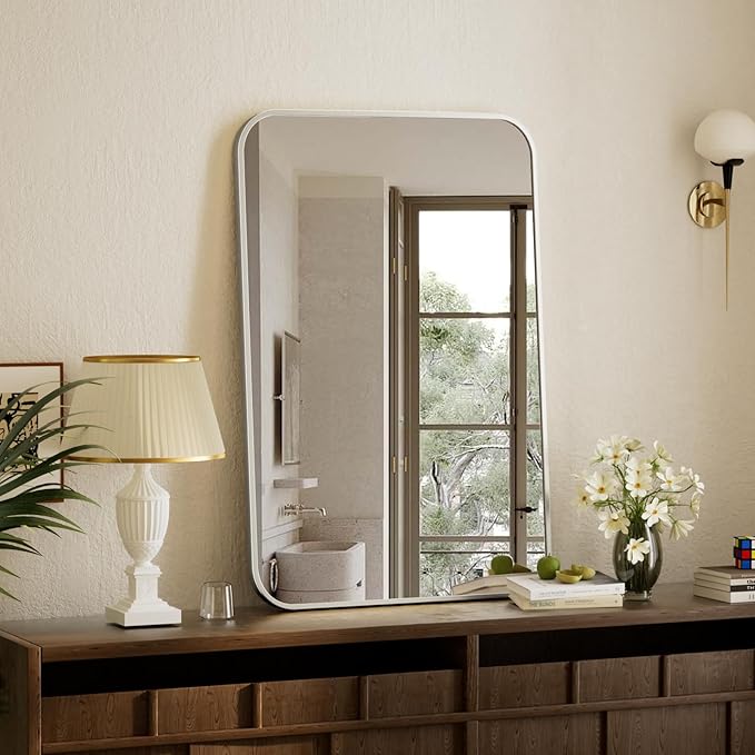 BEAUTYPEAK Wall Mounted Bathroom Mirror - 20" x 28" Silver Rectangular Aluminum Alloy Frame Mirror with Rounded Corners