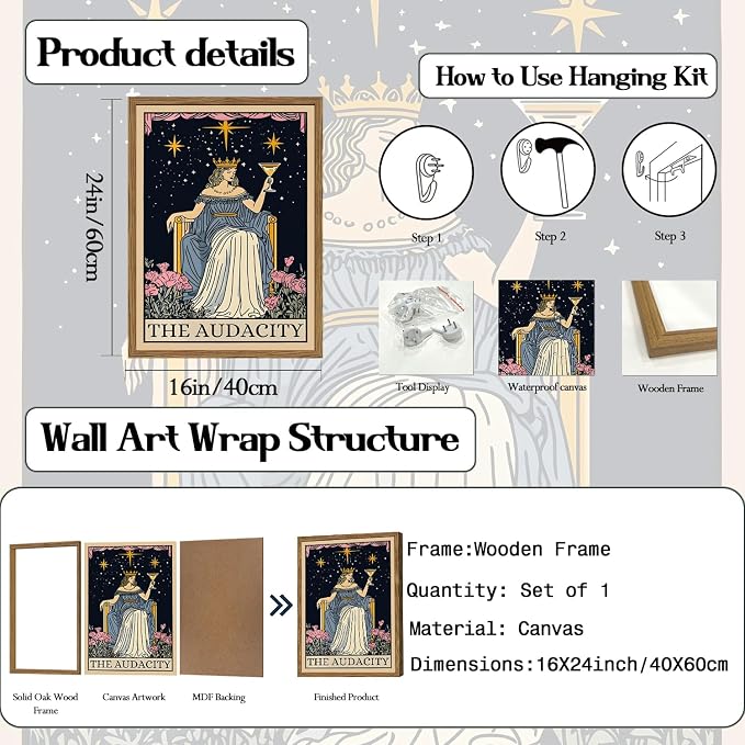 Vintage Girl Tarot Card Wall Art Funny Audacity Feminist Wall Decor Picture Dark Academia Queen Poster Canvas Painting Print for Bedroom Living Room Dorm 16x24 inch Wood Framed