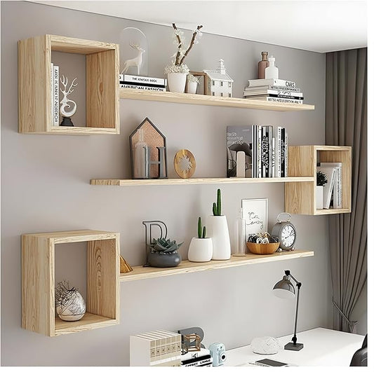 Wall Mounted Shelves Wooden Floating Shelf Home Decor for Wall, Sofa, Bathroom, Bedroom, Living Room, Kitchen, Office Natural-3-layer 63"