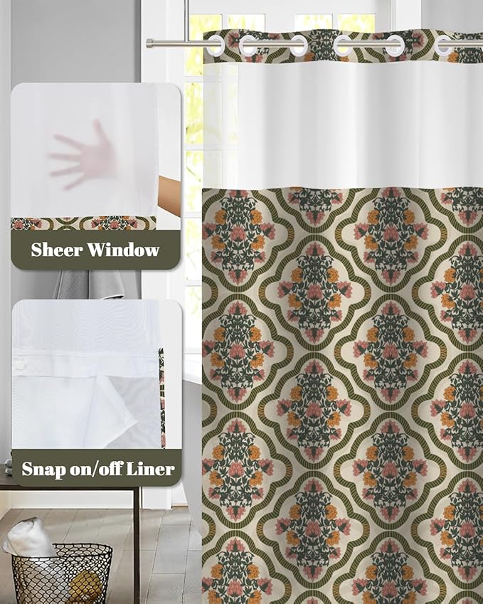No Hook Shower Curtain and Snap in Liner Set - Vintage Floral Damask Pattern Shower Curtains for Modern Farmhouse & Traditional Bathroom, Mesh Top Waterproof Bath Tub Curtain, 71Wx74H
