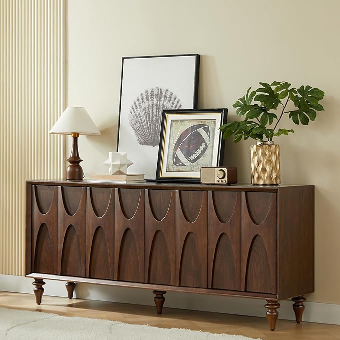 LKTART 62.99" Sideboard Buffet Cabinet with Storage, Solid Wood Kitchen Storage Cabinet Credenza Accent Console Table with Solid Wood Roman Legs Dovetail Door Trim Panel Ash Veneer,Walnut