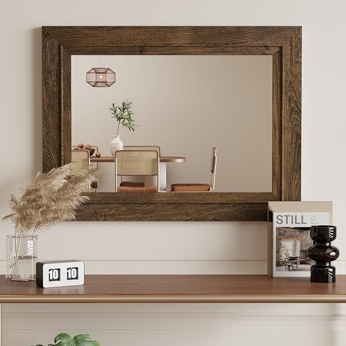 Rustic Wall-Mounted Vanity Mirror, Solid Wood Frame Bathroom Mirror, Farmhouse Style for Living Room, Bedroom, Entryway, Horizontal/Vertical Hanging