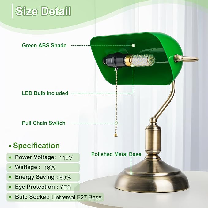 Bankers Lamp, Green Desk Lamp with Pull Chain Switch, 3 Lighting Color Mid Century Banker's Desk Light for Home Office Library Christmas (Green Plastic Lampshade)
