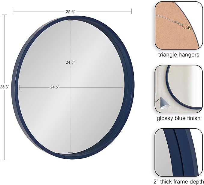 Kate and Laurel Travis Round Wood Wall Mirror, 25.6" Diameter, Navy Blue, Modern Wall Décor Accent