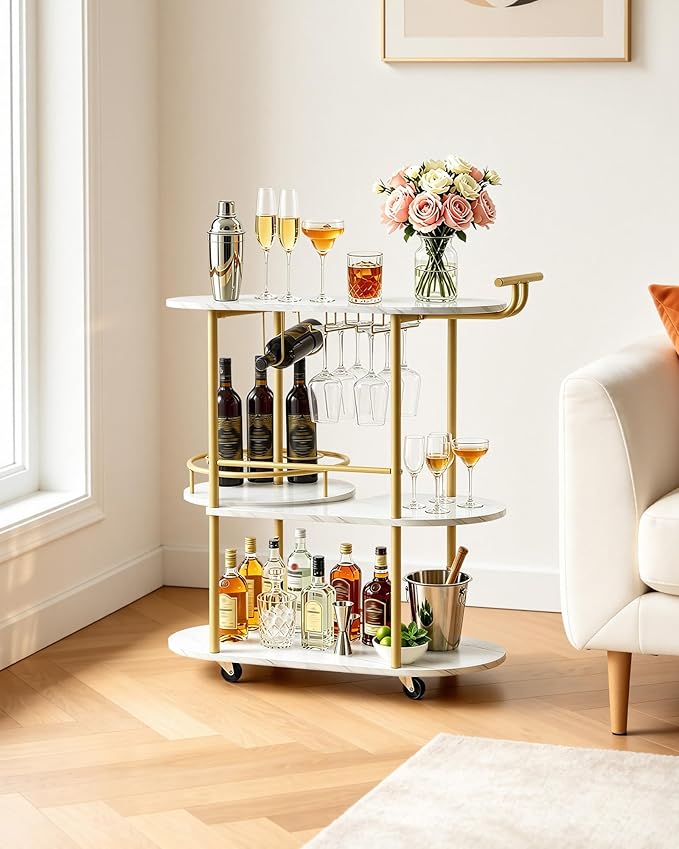 VEVOR Bar Cart, 3 Tiers Home Kitchen Serving Carts, Modern Round Rolling Utility Station on Wheels, Mobile Drink Beverage Trolley w/Wooden Shelf, Wine Rack, Glass Holder, for Living Dining Room, Gold
