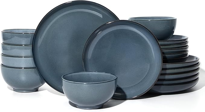 18 Piece Dinnerware Set for 6, Reactive Glaze Terracotta Plates and Bowls Set, Large Family-Sized Stoneware Dish Set for Gatherings, Chip and Scratch Resistant, Jeans Blue