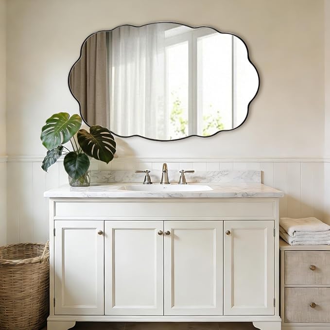 ANDY STAR Chrome Wavy Oval Bathroom Mirror - 30x48 Inch Large Scalloped Bathroom Mirror, Unique Irregular Design with Polished SUS Metal Frame