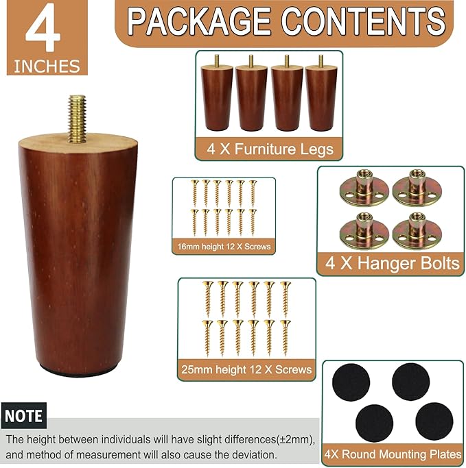 4 Inches Round Solid Wood Furniture Legs Set of 4, Brown Wooden Replacement Feet with Threaded 5/16'' Hanger Bolts for Sofa, Couch, Armchair, Cabinet, TV Stand, Ottoman and Dresser