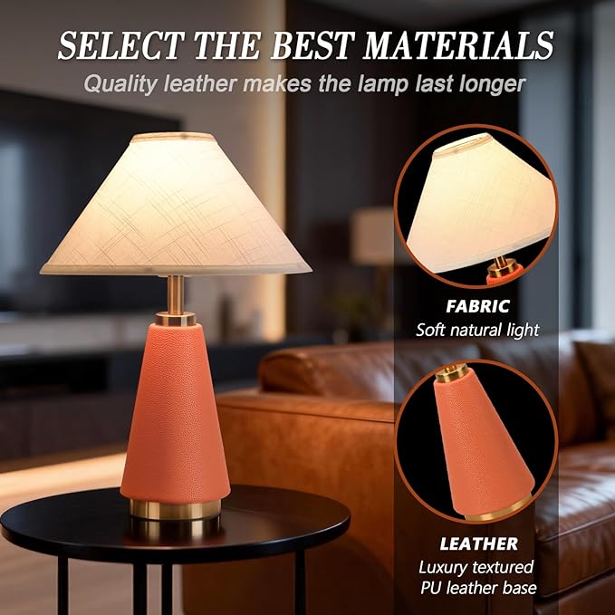 18.11 Inch Mid Century Modern Orange Table Lamp, MCM with Beige Fabric Shade, PU Leather Table Lamp for Kitchen Counter, Bedroom, Nightstand, Desk Lighting, Bookshelf, Living Room, Kids Dorm
