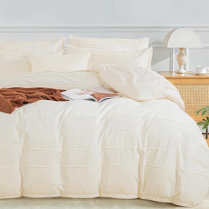 NEXHOME PRO 100% Washed Cotton Duvet Cover Twin,Linen Like Pleated Textured Ivory Duvet Cover Set,2pc Organic Bedding Set with Zipper Closure,Soft,Lightweight Breathable(68"x90",No Comforter)