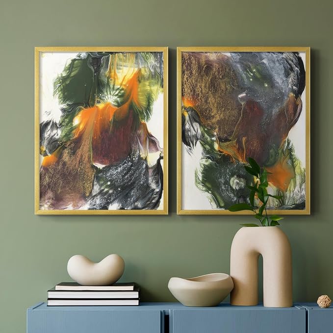 Renditions Gallery Set of 2 Peel & Stick Framed Prints, Watercolor Abstract Wall Art, Colorful Fluid Design Wall Decor, Re-Stickable - Ready to Hang - 8"x10" - GOLD Frame LT588