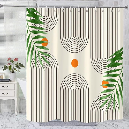 Boho Mid Century Modern Shower Curtain, Abstract Arch Leaf Minimalist Sun Beige Machine Washable Waterproof Fabric for Bathroom Decor Bathtub with Hooks 60Wx72H