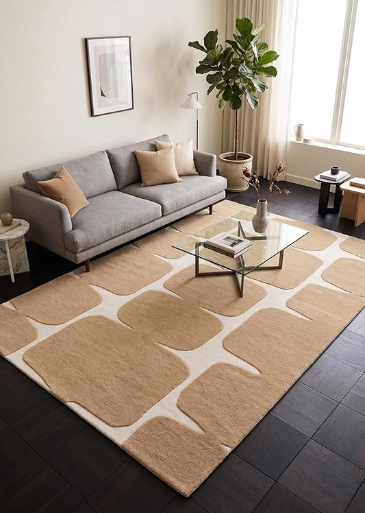 Restoration and Renovation Modern Wool Area Rug - Contemporary Abstract Geometric Design, Thick & Soft Hand-Tufted Carpet - Ideal for Indoor Decor in Living Room, Bedroom (Sand, 10' x 14')