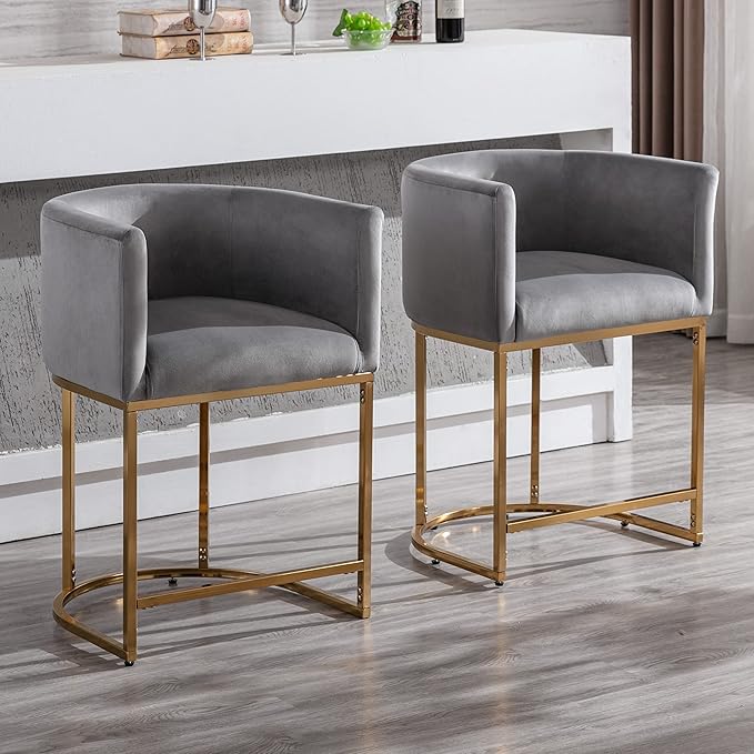 Contemporary Grey Velvet Bar Stools Set of 4, 24" Upholstered Fabric Counter Height Barstools Kitchen Counter Island Stools with Screwed Together Golden Metal Base