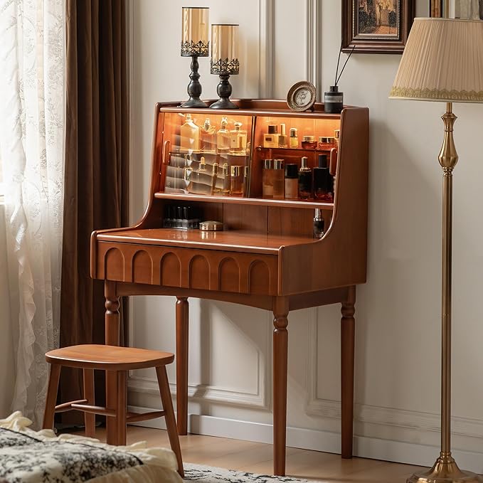 YESWOOD Makeup Vanity Desk, Solid Poplar Wood Dressing Table with LED Light, Makeup Desk and Vanity Table for Bedroom, Teak Color, 20" D x 28" W x 50" H
