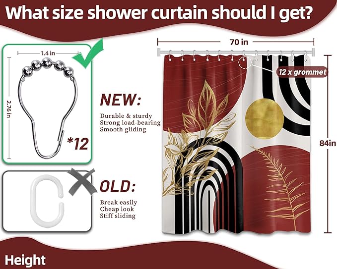 Black and Red Shower Curtain Boho Mid Century Burgundy Dark Red and Gold and White Shower Curtains for Bathroom Decor, Waterproof Cloth Fabric with Hooks, 70" W x 84" L