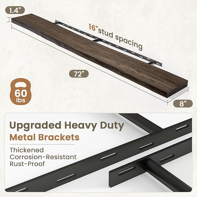 Fun Memories Floating Shelves for Wall Decor Set of 1-72 Inch Solid Elm Wood Live Edge - Rustic Walnut Wall Shelves with Invisible Brackets - for Living Room, Bedroom, Kitchen - Walnut Finish