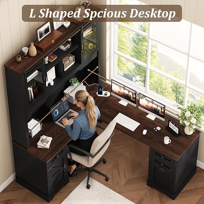 Squireewo 68.9'' Farmhouse L Shaped Desk with Hutch and Drawers, 76" High Wood Executive Home Office Desk with Charging Station, File Drawer and Cabinet, Computer Corner Desk with Sliding Doors, Black